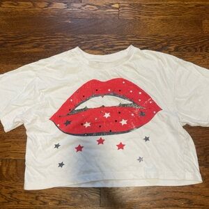 White Crop Top with Red Lips Graphic